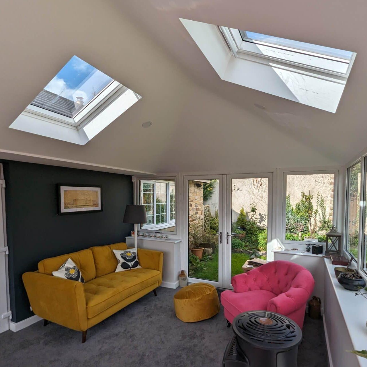 Bright sunroom interior with glazed roof built by Northumbrian Windows in Hexham